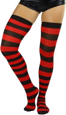 6812 Wide Vertical Striped Thigh Hi Stockings - One Size - Black w/Red